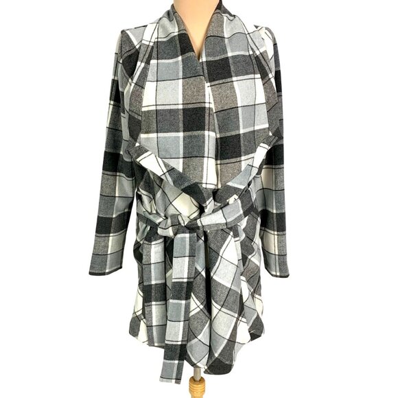 Matilda Jane Check It Twice Plaid Drapey Open Front Wrap Belted Shacket Coat XS - Picture 2 of 11